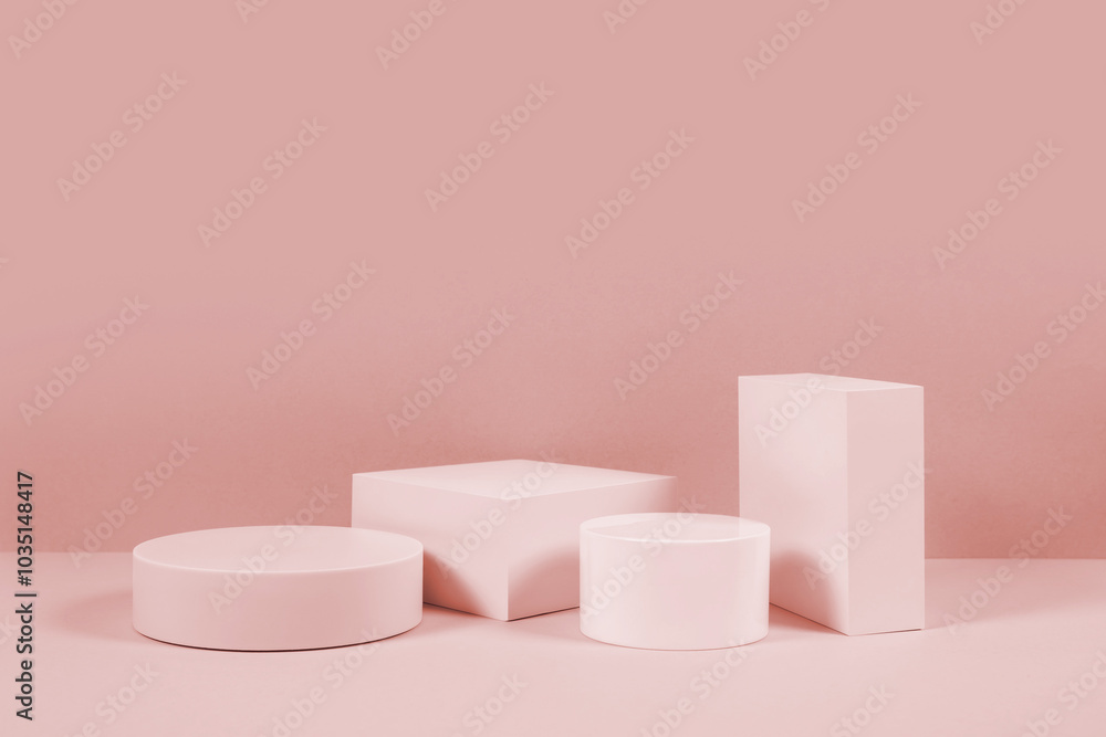 Minimalistic white platforms of varying shapes, placed on a soft beige background. Minimalistic white platforms of varying shapes, placed on a soft beige background.
