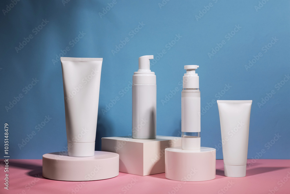cosmetic tube and bottle on geometric pedestal podium, product packaging with natural shadows from plants cosmetic tube and bottle on geometric pedestal podium, product packaging with natural shadows from plants