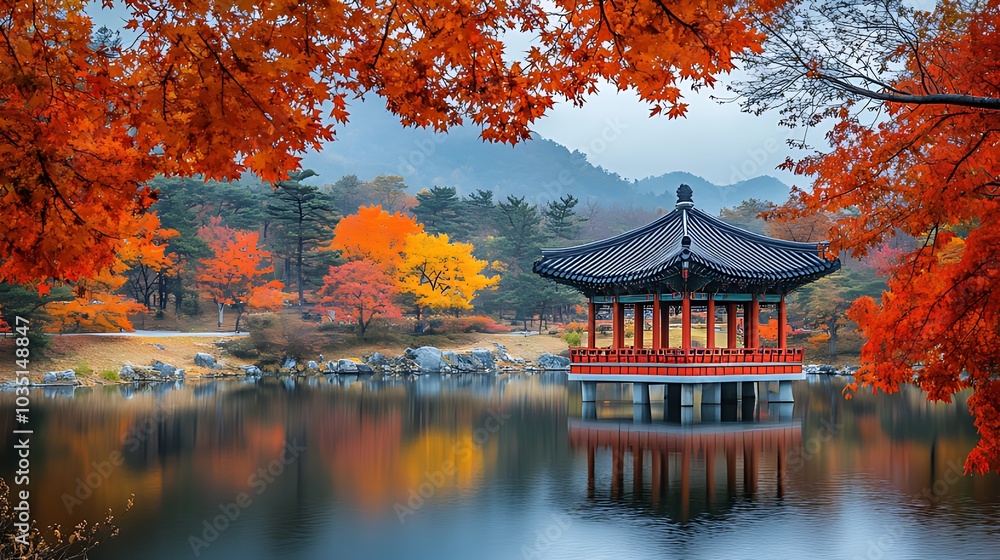 A traditional Korean pavilion stands on a tranquil lake, surrounded by vibrant autumn foliage. The misty mountains in the background create a serene and peaceful atmosphere.