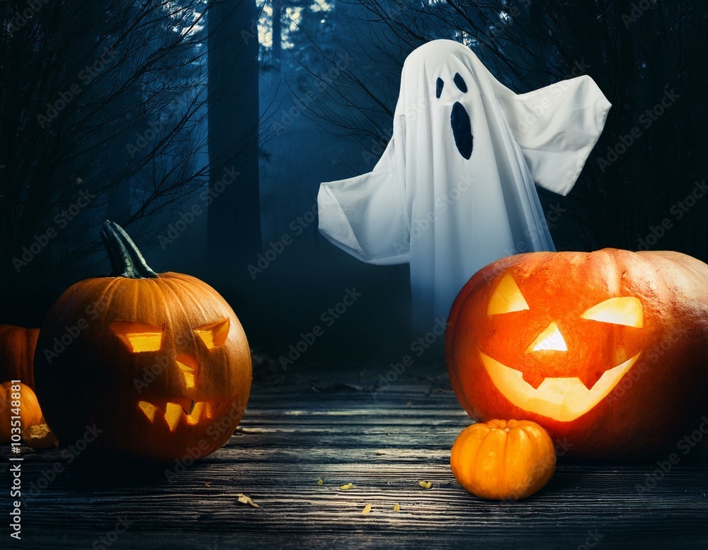 Halloween ghosts and pumpkin smiles and scary eyes for the party night. Halloween ghosts and pumpkin smiles and scary eyes for the party night.