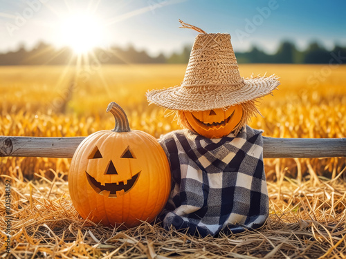 straw scarecrow with pumpkin head, wearing checkered cape and straw hat, sun rays photo