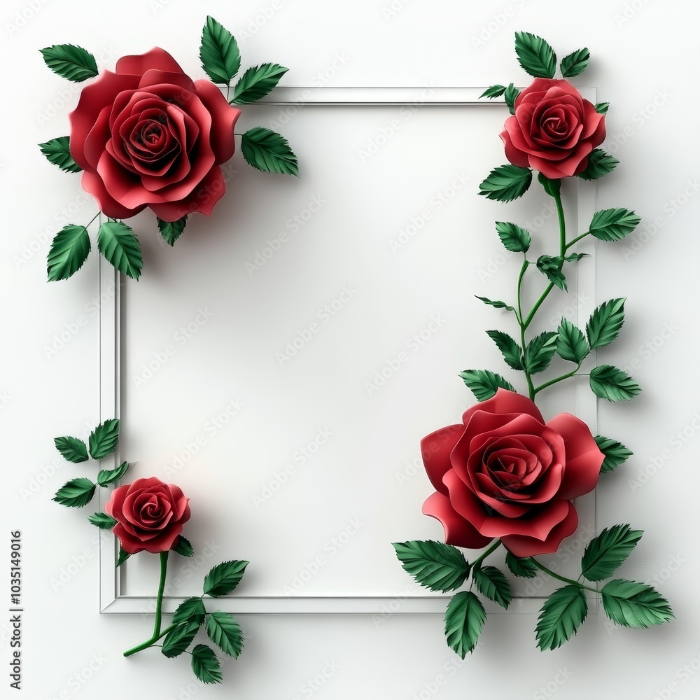 3D paper red roses with green leaves on a white background 3D paper red roses with green leaves on a white background