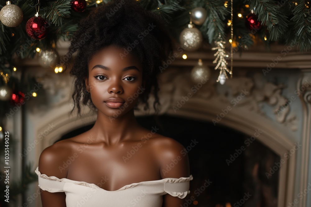 A black young woman wearing a light-colored dress in front of a beautifully decorated fireplace A black young woman wearing a light-colored dress in front of a beautifully decorated fireplace