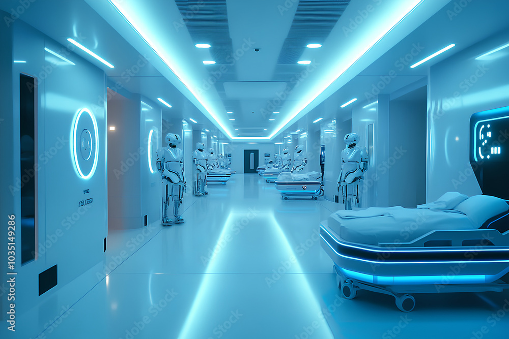 A futuristic AIpowered hospital with robots and advanced diagnostic tools, symbolizing healthcare transformed by AI A futuristic AIpowered hospital with robots and advanced diagnostic tools, symbolizing healthcare transformed by AI