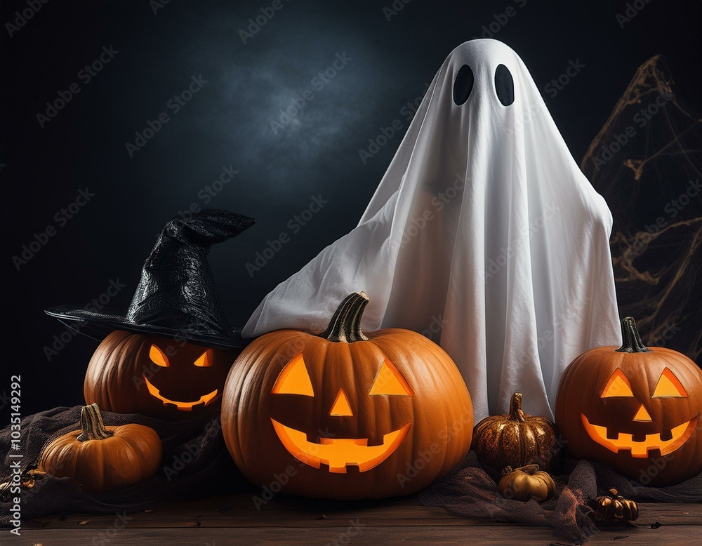 Halloween ghosts and pumpkin smiles and scary eyes for the party night. Halloween ghosts and pumpkin smiles and scary eyes for the party night.