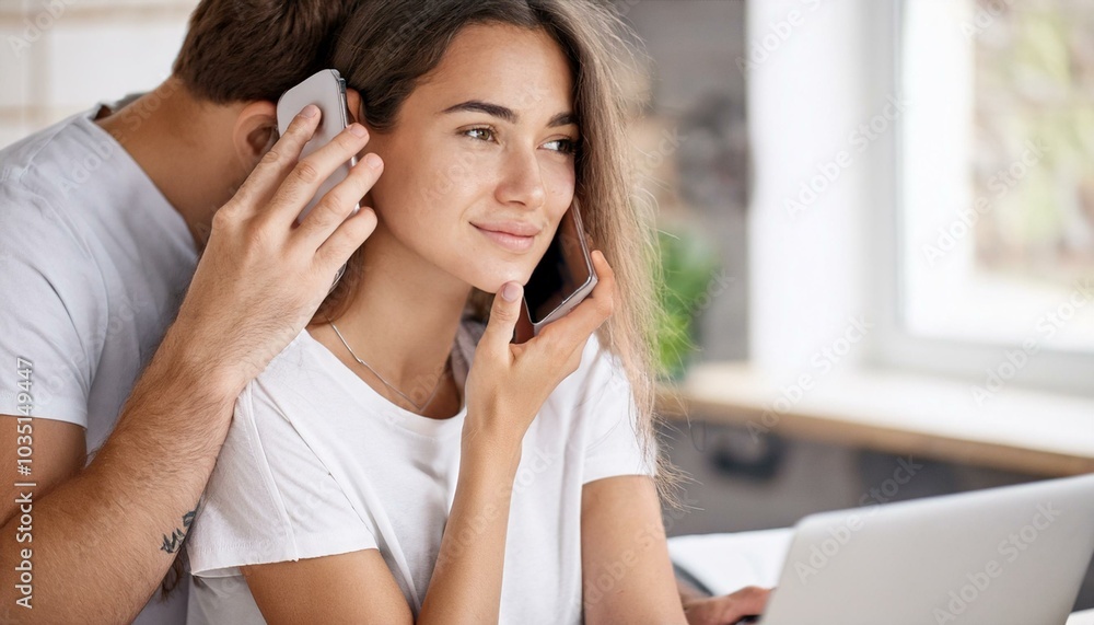 couple using laptop and sharing phone calls couple using laptop and sharing phone calls