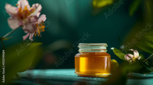 small jar of honey on a dark green flora background