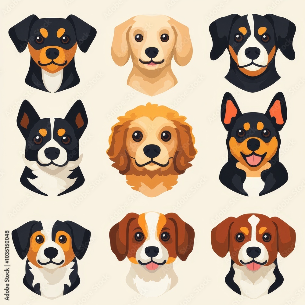 Naklejka premium Cute Dog Breeds Cartoon Portraits Illustration