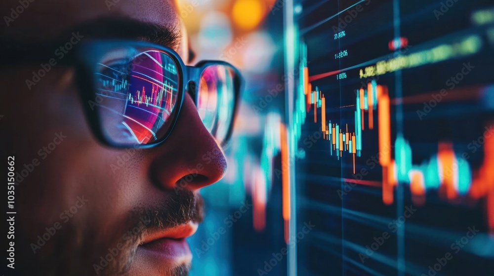A man closely examining stock market charts reflected in his glasses, depicting focus on financial analysis and market trends. A man closely examining stock market charts reflected in his glasses, depicting focus on financial analysis and market trends.