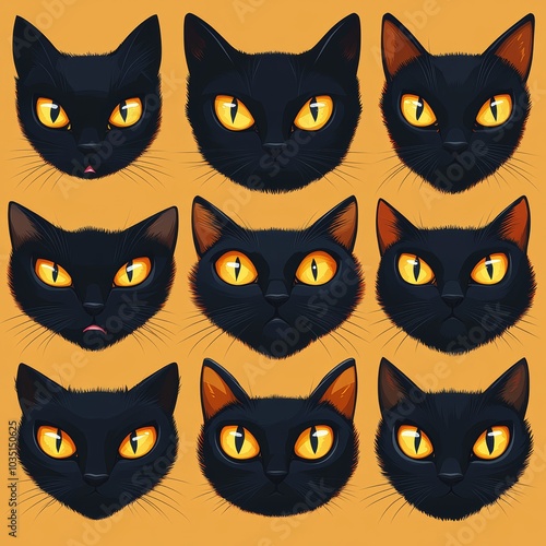 Black Cat Faces Cartoon Illustration Set