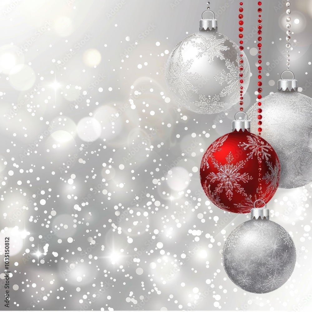 There are multiple red and silver Christmas ornaments suspended by a thread There are multiple red and silver Christmas ornaments suspended by a thread