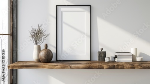 A contemporary home office with white walls and a wooden desk. The desk has a blank picture frame and a small potted succulent. Bright