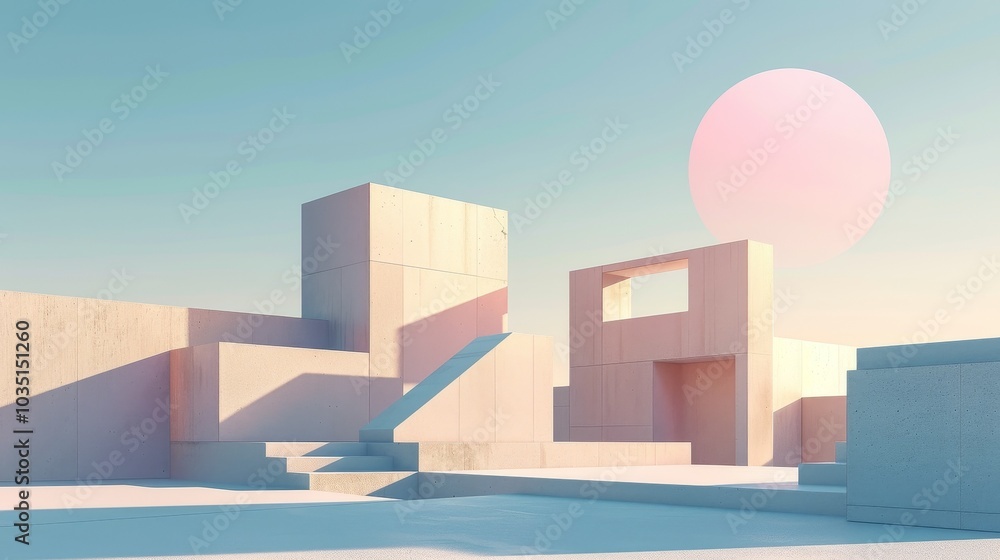 Fototapeta premium Minimalist desktop wallpaper, featuring abstract geometric shapes such as cubes, rectangles, and triangles. Clean lines, negative space, and delicate textures add depth and visual interest