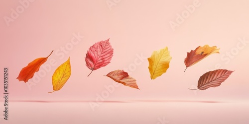 Vivid autumn leaves gracefully suspended in air with pastel pink backdrop