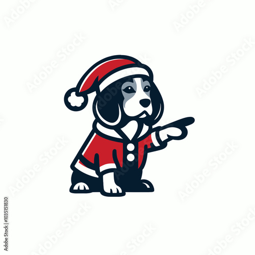 Beagle dog in santa claus costume pointing forward