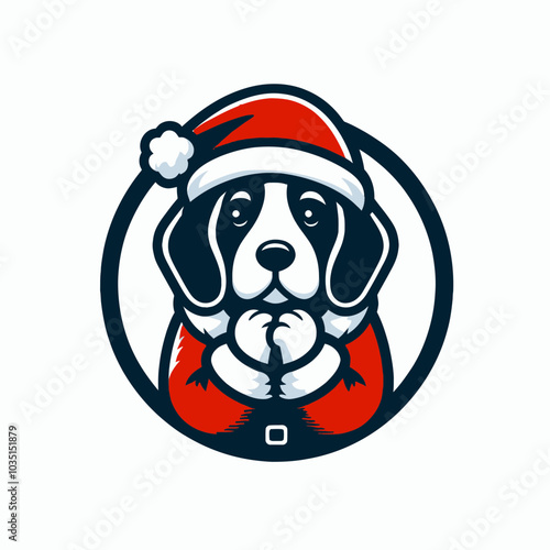 Beagle in santa costume shrugs with holiday spirit