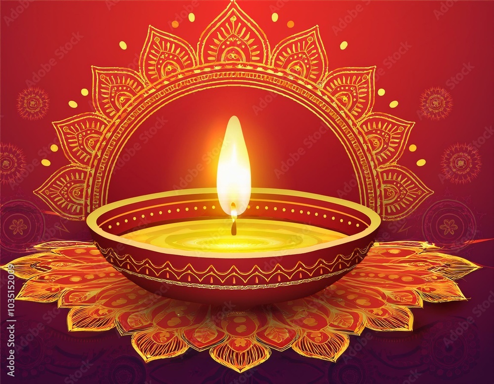Happy Diwali. Diya oil lamp and flowers on red background. Traditional Hindu celebration. Religious holiday of light. Copy space, banner format. Happy Diwali. Diya oil lamp and flowers on red background. Traditional Hindu celebration. Religious holiday of light. Copy space, banner format.