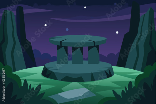 Ancient Celtic stone platform in forest at night vector illustration