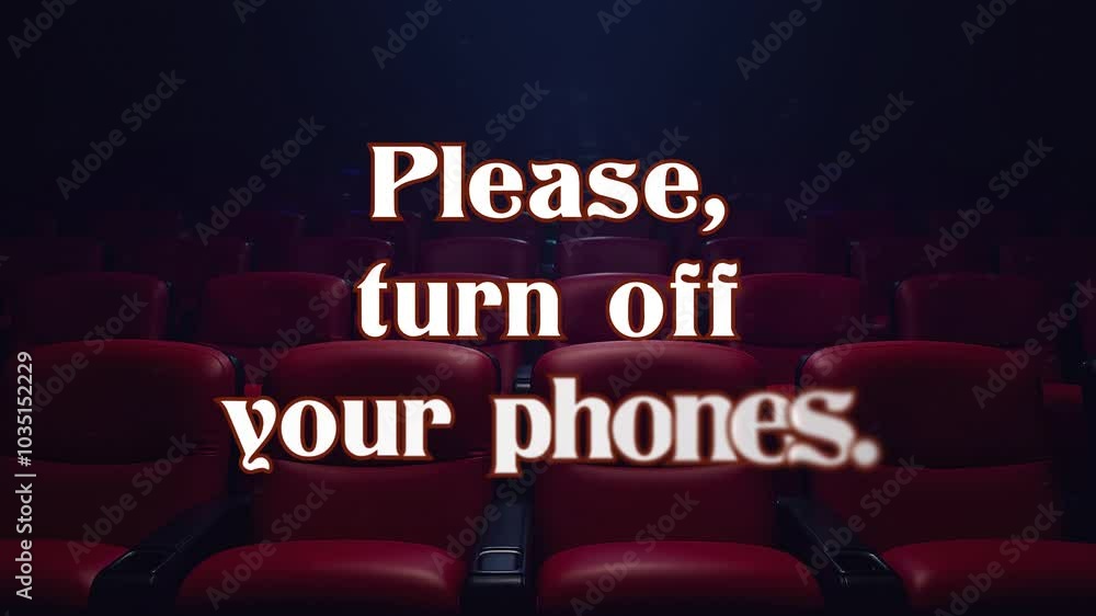 A text message appearing and dissolving on front shot of chairs in cinema: Please, turn off your phone. Blue lighting above, floating dust particles.

