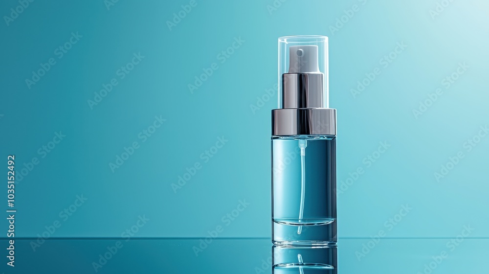 Elegant Glass Bottle with Cosmetic Serum on Blue Background Elegant Glass Bottle with Cosmetic Serum on Blue Background
