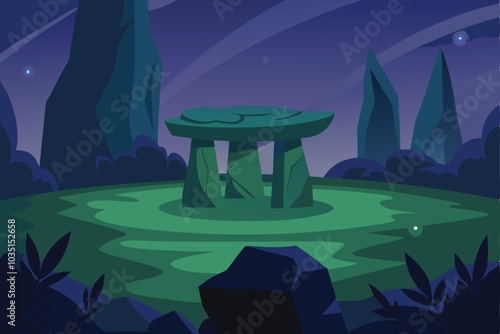 Ancient Celtic stone platform in forest at night vector illustration