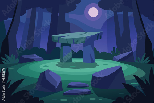 Ancient Celtic stone platform in forest at night vector illustration