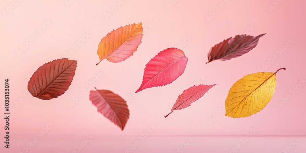 Fototapeta premium Autumn leaves gently floating against a soft pink background