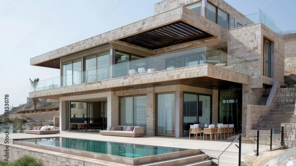 A contemporary villa by the beach, featuring two stories A contemporary villa by the beach, featuring two stories