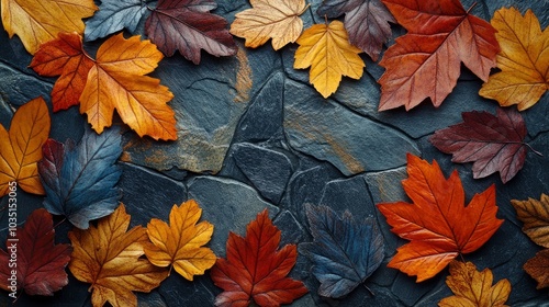 Wallpaper Mural A close-up of colorful autumn leaves on a textured, dark grey slate background. Torontodigital.ca