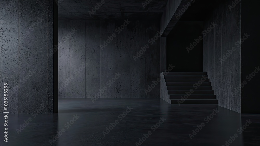 Abstract empty dark room with concrete wall and floor. Black interior background for presentation, mockup, or design Abstract empty dark room with concrete wall and floor. Black interior background for presentation, mockup, or design