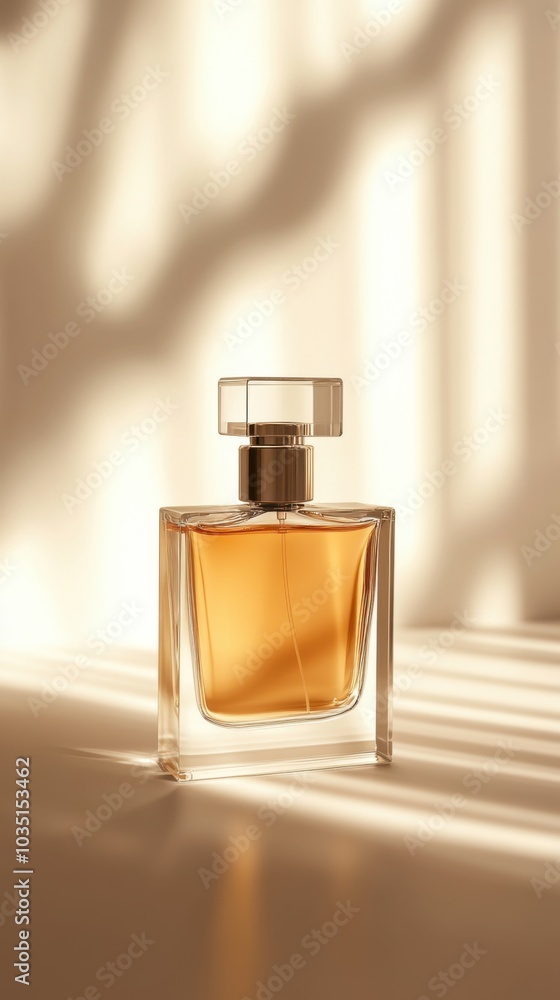 Captivating artistic depiction of a clear perfume bottle bathed in soft sunlight Captivating artistic depiction of a clear perfume bottle bathed in soft sunlight