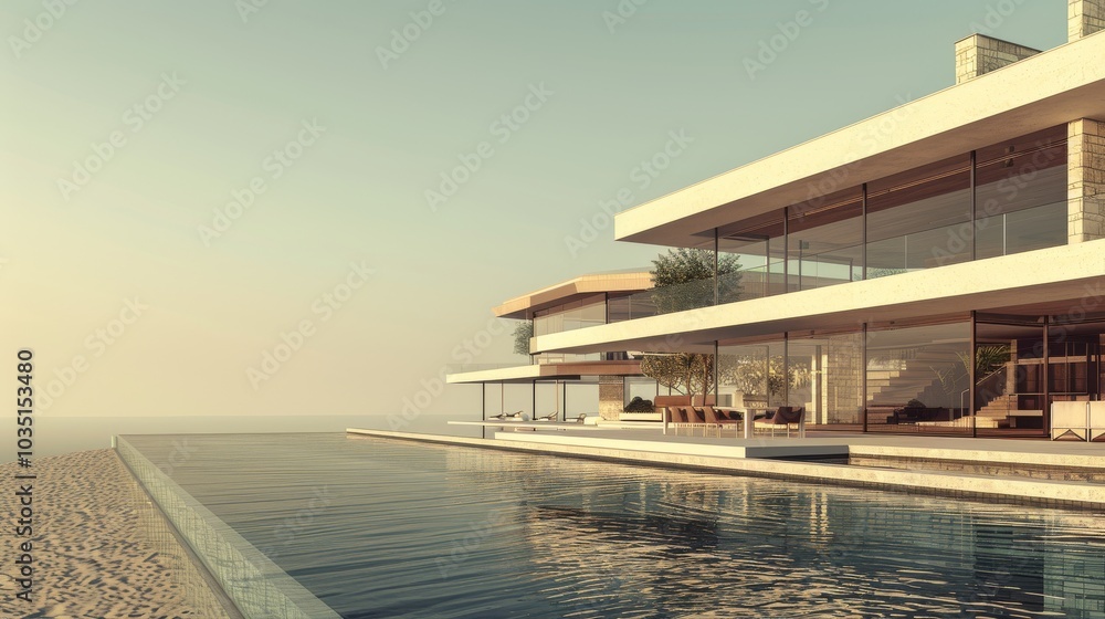 Naklejka premium A contemporary villa by the shore, featuring two stories