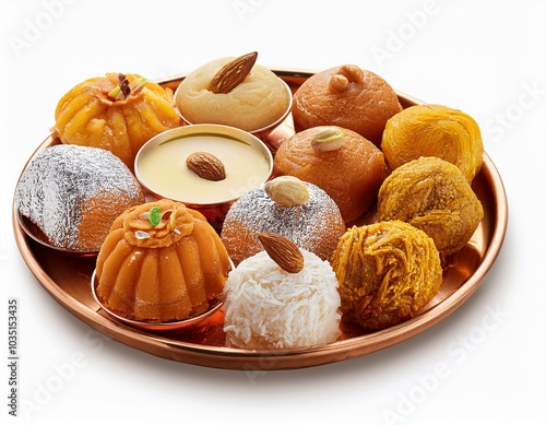 Indian sweets in a plate includes Gulab Jamun, Rasgulla, kaju katli, morichoor / Bundi Laddu, Gujiya or Karanji for diwali celebration photo