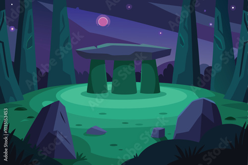 Ancient Celtic stone platform in forest at night vector illustration