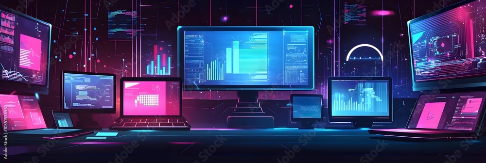 Futuristic workspace with multiple monitors holographic displays and assistants symbolizing the future of remote work and in a cutting edge technology driven environment Futuristic workspace with multiple monitors holographic displays and assistants symbolizing the future of remote work and in a cutting edge technology driven environment