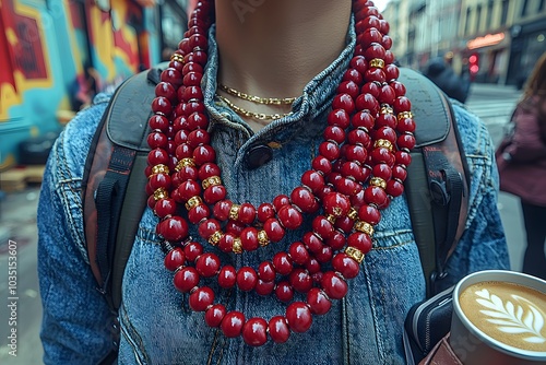 Urban fashion: layered red bead necklace on denim jacket with coffee in hand photo