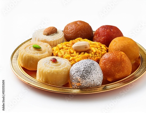 Indian sweets in a plate includes Gulab Jamun, Rasgulla, kaju katli, morichoor / Bundi Laddu, Gujiya or Karanji for diwali celebration photo