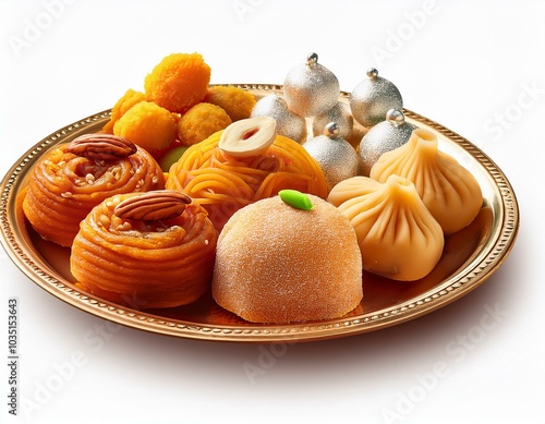 Indian sweets in a plate includes Gulab Jamun, Rasgulla, kaju katli, morichoor / Bundi Laddu, Gujiya or Karanji for diwali celebration photo