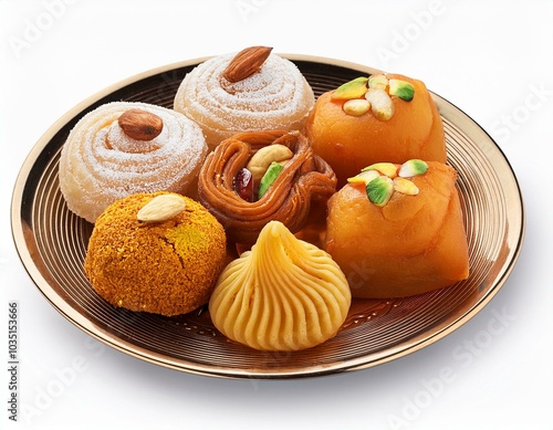 Indian sweets in a plate includes Gulab Jamun, Rasgulla, kaju katli, morichoor / Bundi Laddu, Gujiya or Karanji for diwali celebration photo