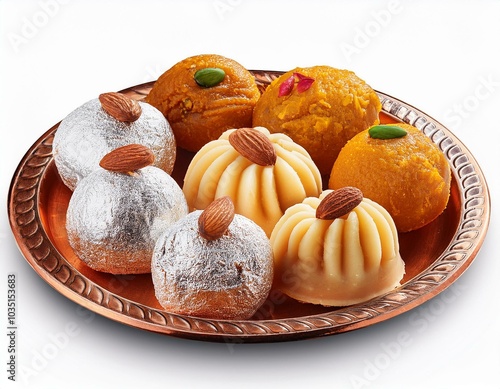 Indian sweets in a plate includes Gulab Jamun, Rasgulla, kaju katli, morichoor / Bundi Laddu, Gujiya or Karanji for diwali celebration photo