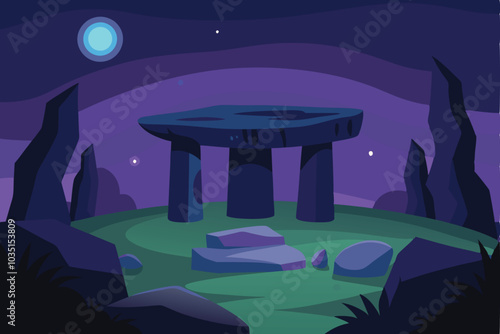 Ancient Celtic stone platform in forest at night vector illustration