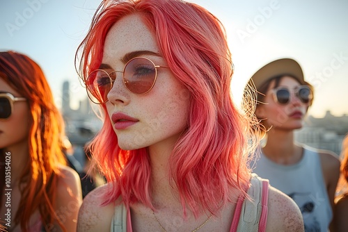 Trendy young women with colorful hair and sunglasses on a sunny day photo