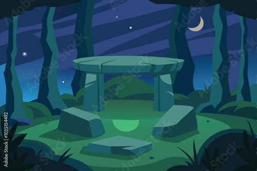 Ancient Celtic stone platform in forest at night vector illustration