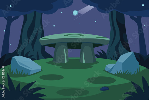 Ancient Celtic stone platform in forest at night vector illustration