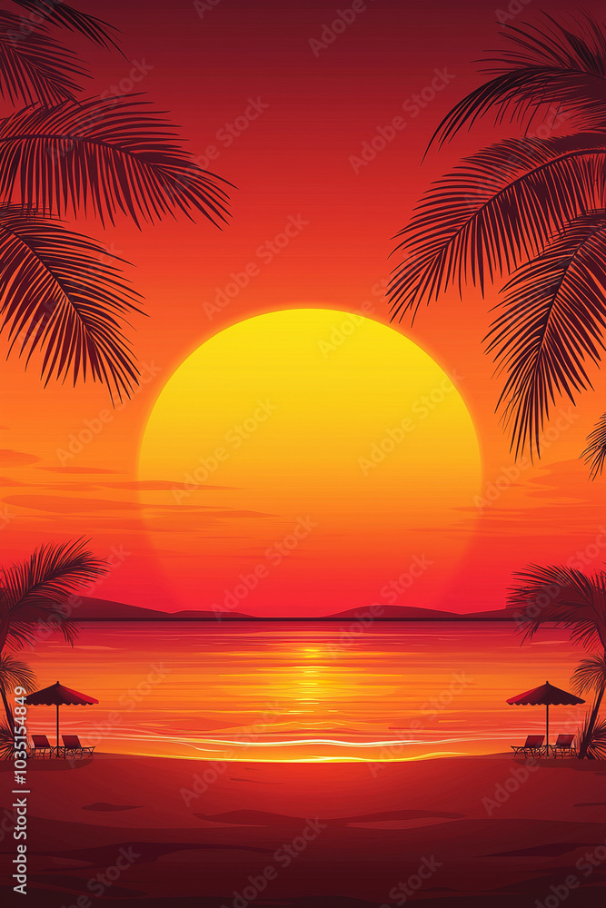 Tropical beach with palm trees at sunset reflecting in the sea Tropical beach with palm trees at sunset reflecting in the sea