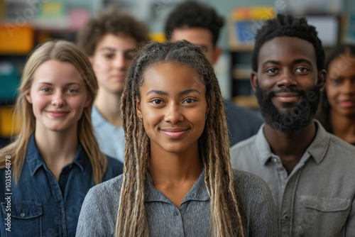 people of ai // divers group of multiethnic students standing toghether and smiling at camera, diversity, education, bokeh, photorealistic