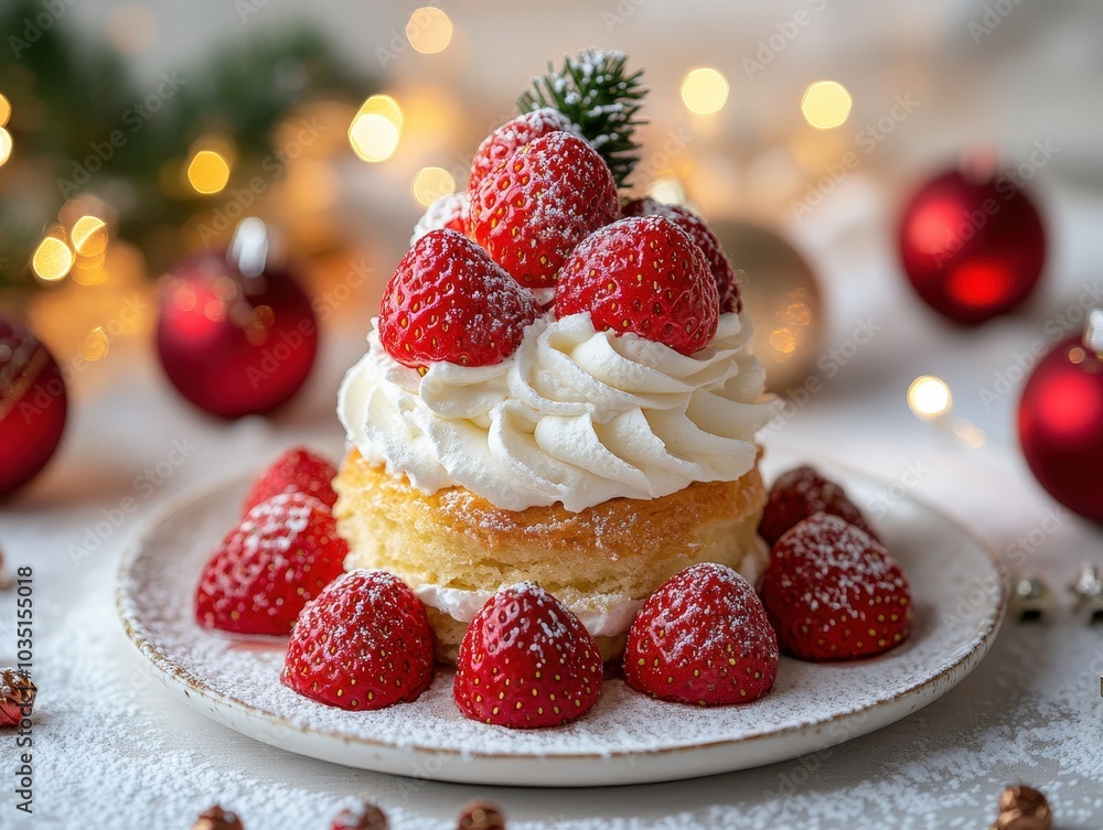 Delicious Strawberry Shortcake with Whipped Cream and Festive Lights Delicious Strawberry Shortcake with Whipped Cream and Festive Lights