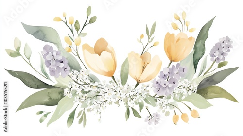 A beautiful watercolor floral arrangement featuring yellow and purple blooms, perfect for spring or decorative purposes.