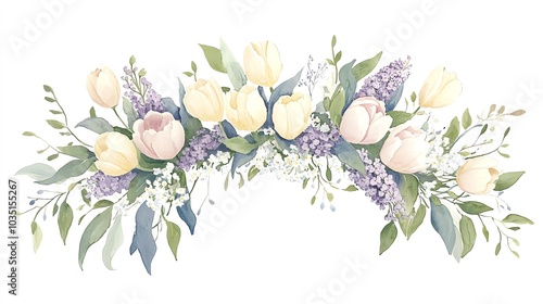 A beautiful watercolor floral arrangement featuring white tulips and lilacs, perfect for spring decor and invitations.