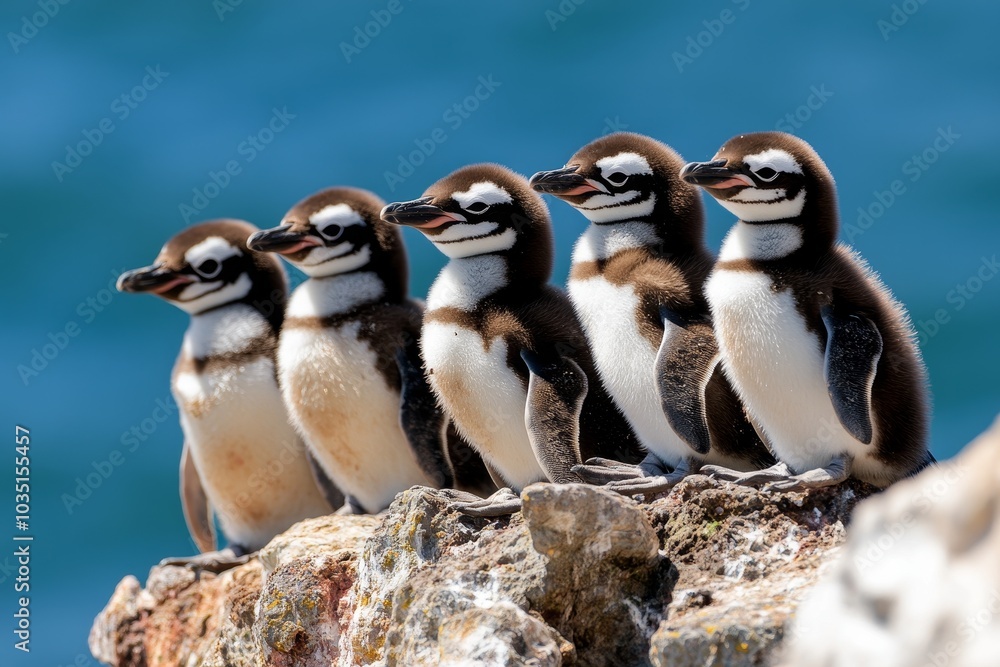 Naklejka premium Five young penguins perched on a rocky ledge by the ocean, enjoying a sunny day and the calming sea breeze